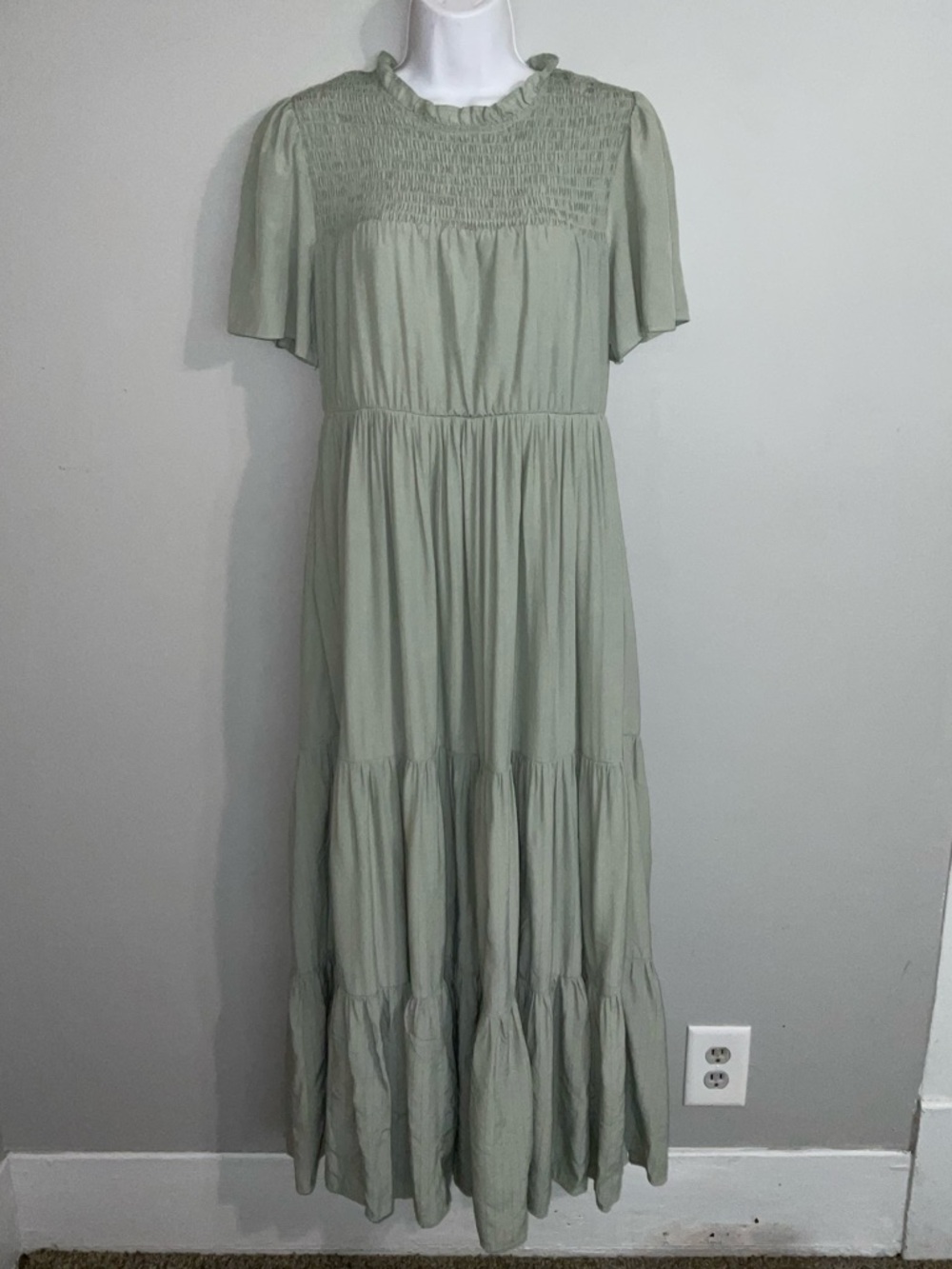 Saving Paige Sage Green Smocked Tiered Maxi Dress with Pockets Medium